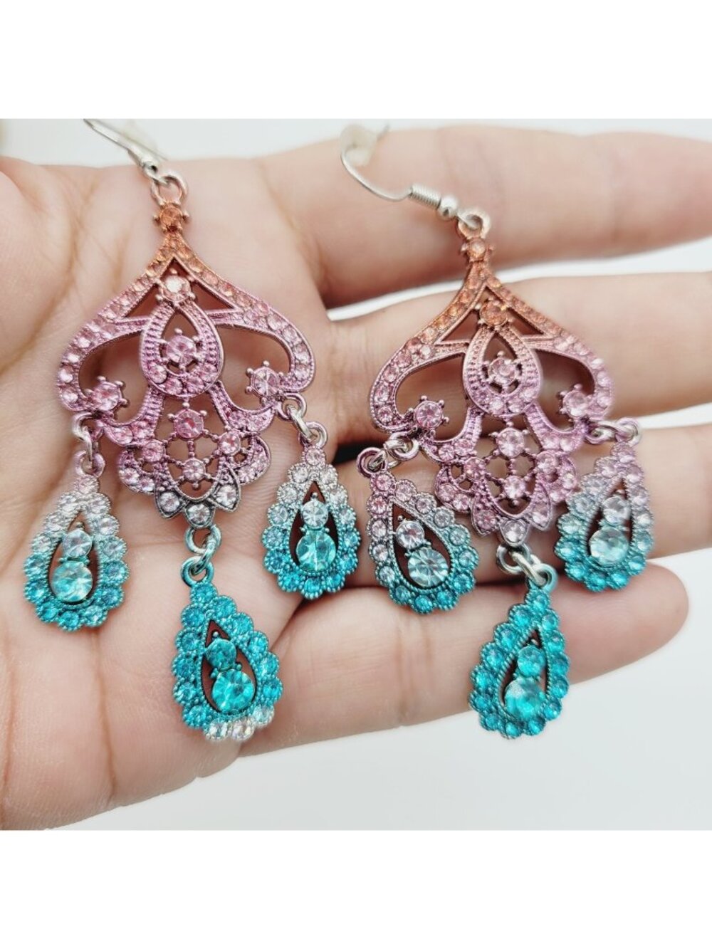 Ombre Chandelier Drop Dangle Earrings Red Pink Blue 3.25"